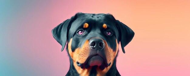 Zbliżenie psa Rottweiler z różowym pastelowym tłem Fotografia mody psów Generative AI