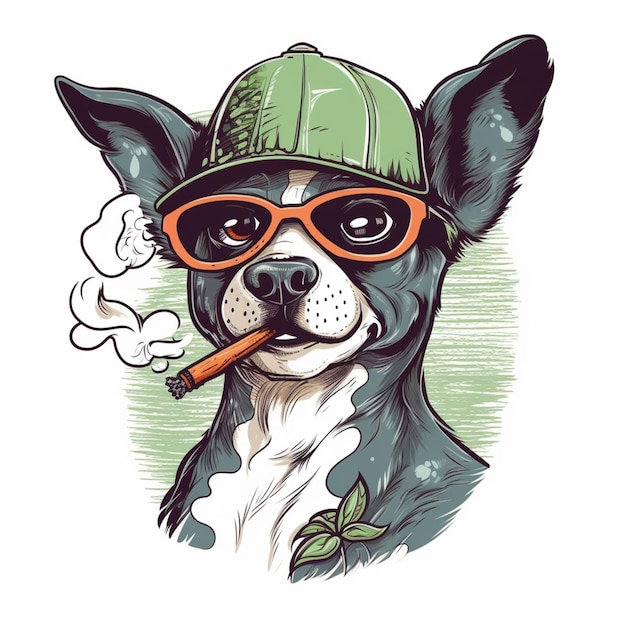 Zdjęcie zbliżenie psa w kapeluszu i okularach przeciwsłonecznych palącego papierosa generującego sztuczną inteligencję