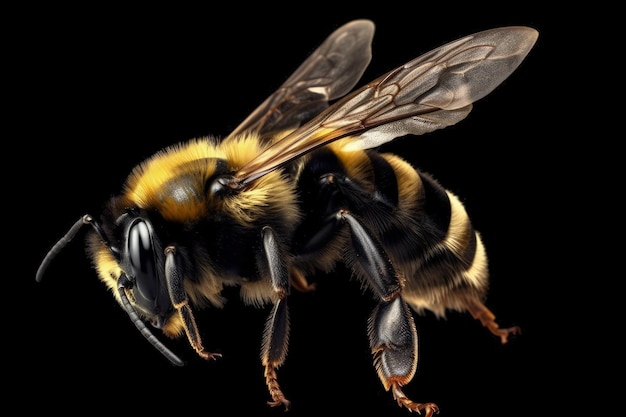 Zbliżenie pszczoły na czarnym tle generatywnej sztucznej inteligencji