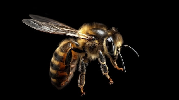 Zbliżenie pszczoły na czarnym tle generatywnej sztucznej inteligencji