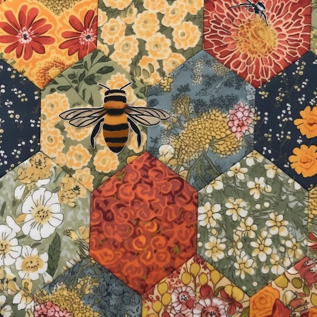 zbliżenie pszczoły na patchworkowej kołdrze z kwiatami generatywnymi ai