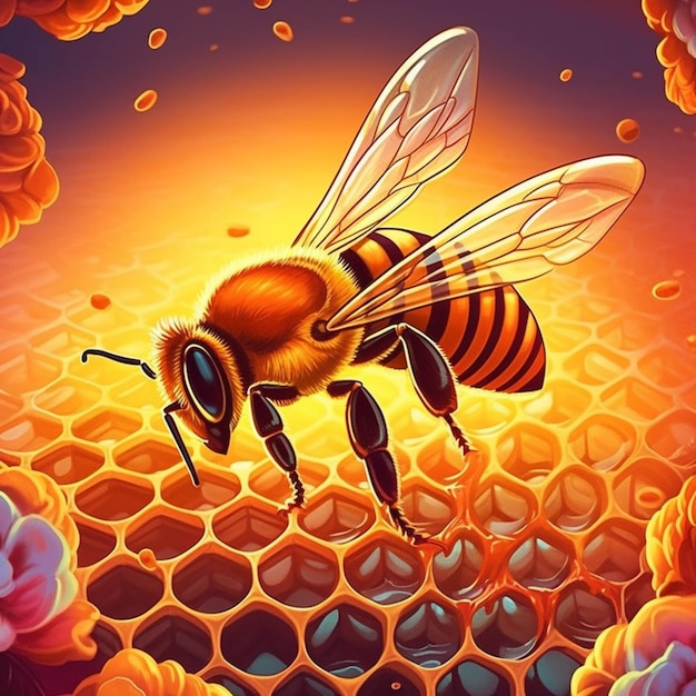 zbliżenie pszczoły na plastrze miodu z kwiatami generatywnymi ai