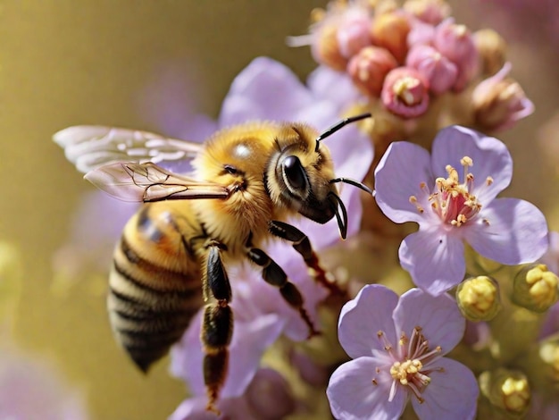 Zbliżenie pszczoły zapylającej kwitnący kwiat