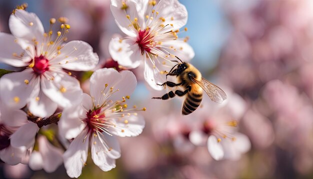 Zbliżenie pszczoły zbierającej nektar z różowych kwiatów wiśni