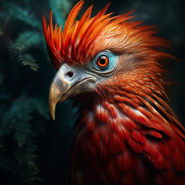 zbliżenie ptaka z czerwoną i pomarańczową głową generatywną ai