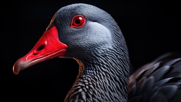Zdjęcie zbliżenie ptaka z czerwonymi oczami i czarnym tłem