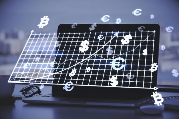 Zdjęcie zbliżenie pulpitu z notebookem i abstrakcyjną świecącą siecią pieniężną na niewyraźnym tle kryptowaluta i koncepcja bankowości internetowej podwójna ekspozycja