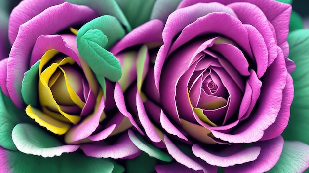 Zbliżenie purpurowej róży z zielonymi liśćmi