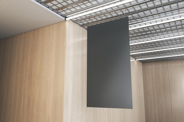 Zdjęcie zbliżenie pustego czarnego korka wiszącego w drewnianym wnętrzu z przemysłowym sufitem makieta renderowania 3d