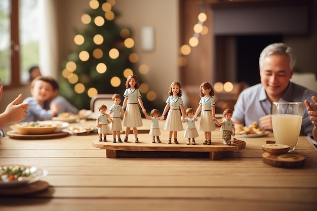 Zbliżenie pustego drewnianego stołu w radosnych chwilach rodzinnych