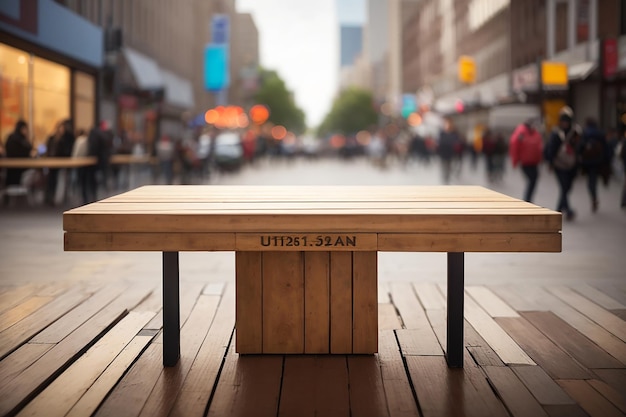 Zbliżenie pustego drewnianego stołu w zmieniającym się krajobrazie miejskim