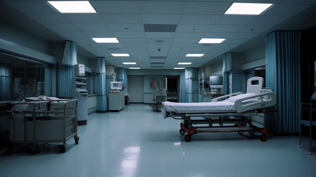 Zbliżenie pustej sali szpitalnej z łóżkiem