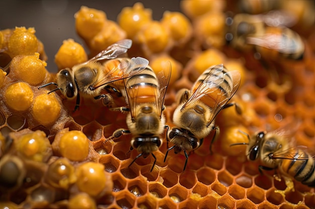 Zbliżenie pyłku pszczelego z widocznymi skomplikowanymi i delikatnymi wzorami utworzonymi za pomocą generatywnej sztucznej inteligencji