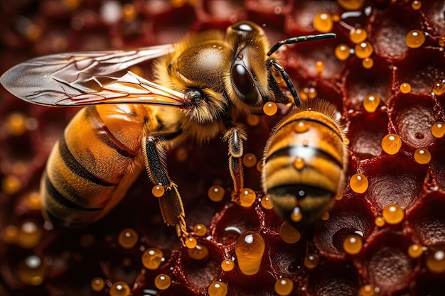 Zbliżenie pyłku pszczelego z widocznymi skomplikowanymi wzorami i teksturami utworzonymi za pomocą generatywnej sztucznej inteligencji