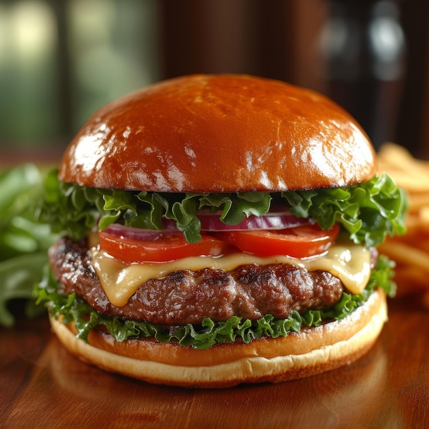 Zbliżenie pysznego cheeseburgera z sałatką, pomidorem i cebulą na drewnianym stole.