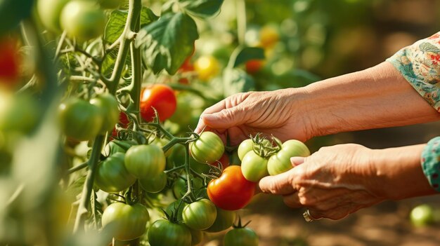 Zdjęcie zbliżenie rąk delikatnie zbierających dojrzałe i niedojrzałe pomidory z bujnego ogrodu