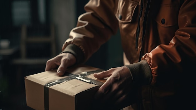 Zbliżenie rąk dostawcy trzymającego paczkę do dostarczenia Ręka kurierska trzymająca brązowe pudełko na białym tle AI generowane