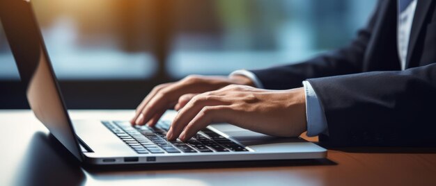Zbliżenie rąk kobiety biznesowej piszącej na klawiaturze laptopa Produkcyjna przestrzeń robocza