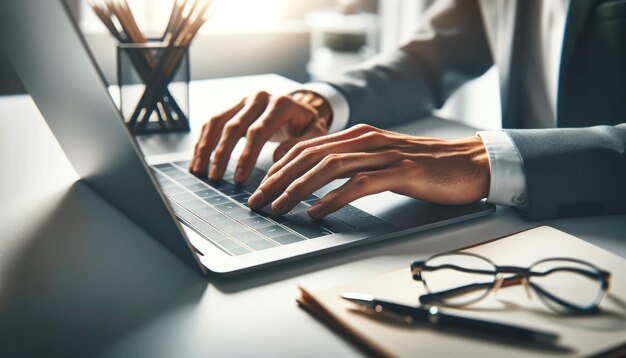 Zbliżenie rąk mężczyzny piszącego na klawiaturze laptopa z piórem notebooka i okularami na stole sugerujące skupienie na pracy lub nauce