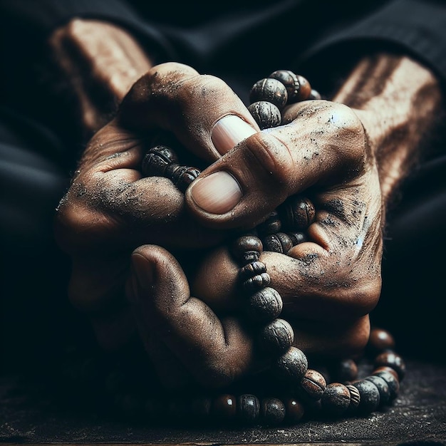 Zbliżenie rąk mocno trzymających noszoną tasbih symbolizującą intensywną głębię modlitwy