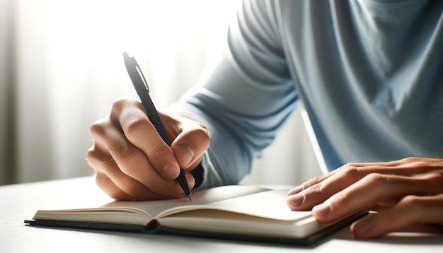 Zbliżenie rąk osoby piszącej rozmyślnie w pustym notatniku ołówkiem rejestrującym inspirację