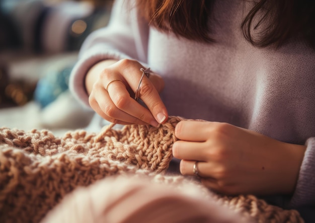 Zbliżenie rąk osoby trzymającej haczyk do szycia i pracującej nad małym amigurumi