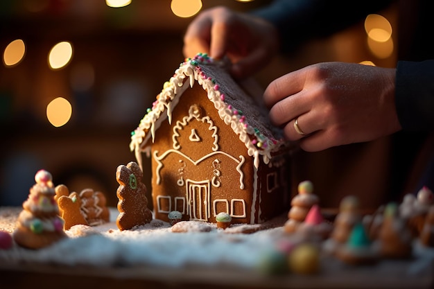 Zbliżenie rąk ostrożnie dodając słodkie dekoracje do piernika na Boże Narodzenie