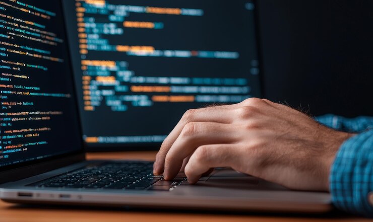 Zdjęcie zbliżenie rąk programisty piszących kod na klawiaturze laptopa z niewyraźnym kodem na ekranie rozwój oprogramowania i koncepcja kodowania