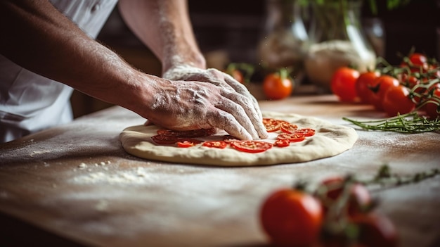 Zbliżenie rąk robiących pizzę w kuchni