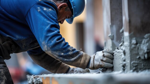 Zbliżenie rąk robotnika budowlanego w rękawiczkach ochronnych