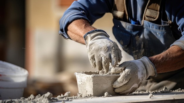 Zdjęcie zbliżenie rąk robotnika budowlanego w rękawiczkach ochronnych