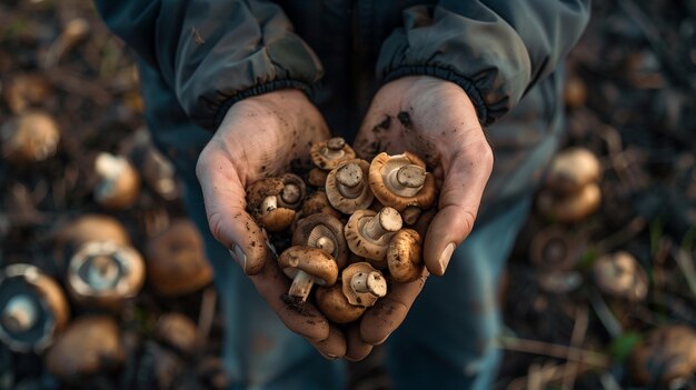 Zbliżenie rąk rolnika trzymających świeże grzyby generowane przez sztuczną inteligencję