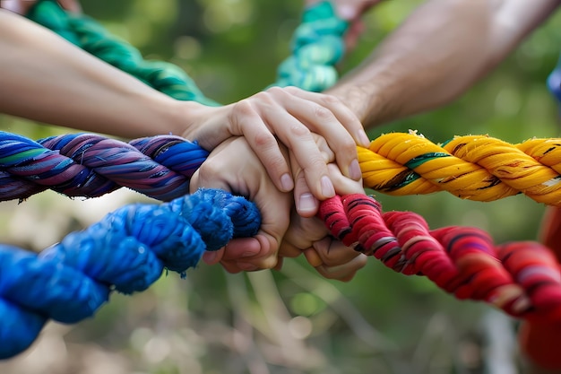 Zbliżenie rąk trzymających kolorowe liny symbolizujące jedność i pracę zespołową w sportach grupowych lub na świeżym powietrzu