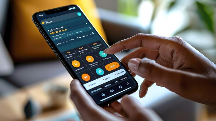 Zdjęcie zbliżenie rąk za pomocą smartfonu z interfejsem aplikacji mobilnej