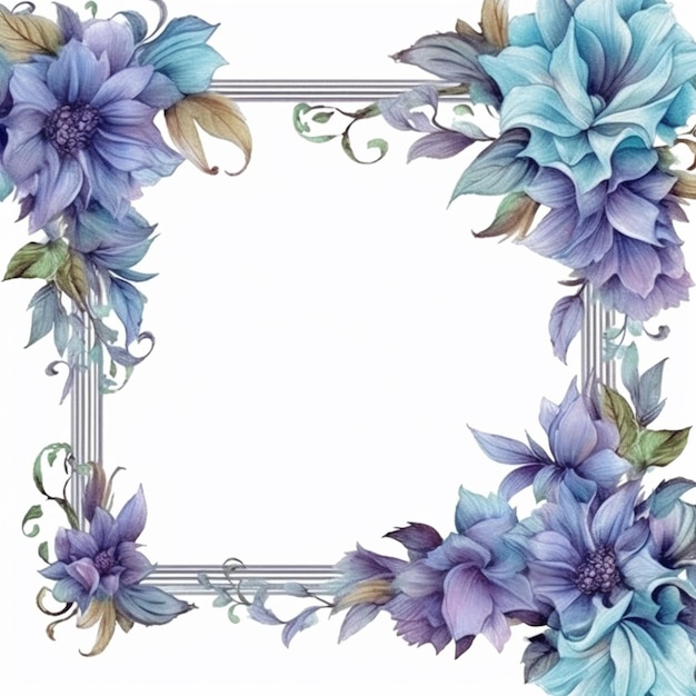Zbliżenie ramki kwiatowej z niebieskimi kwiatami na nim generatywne ai