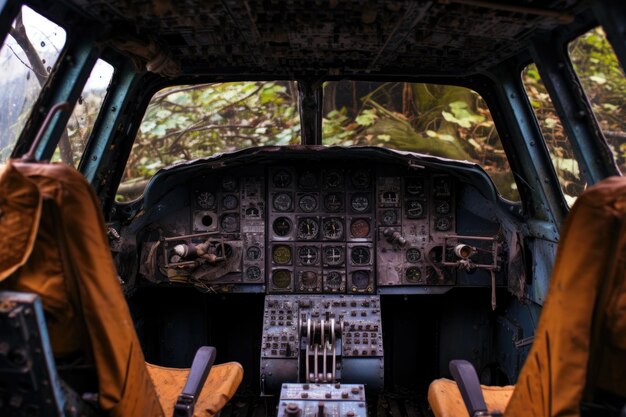 Zbliżenie rdzewiejącego kokpitu samolotu na cmentarzu utworzonego za pomocą generatywnej sztucznej inteligencji