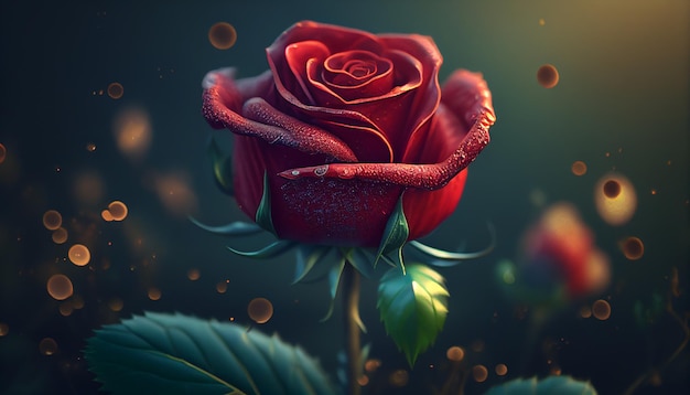 Zbliżenie realistyczna czerwona róża z czerwonym zamazanym tłem Generative AI