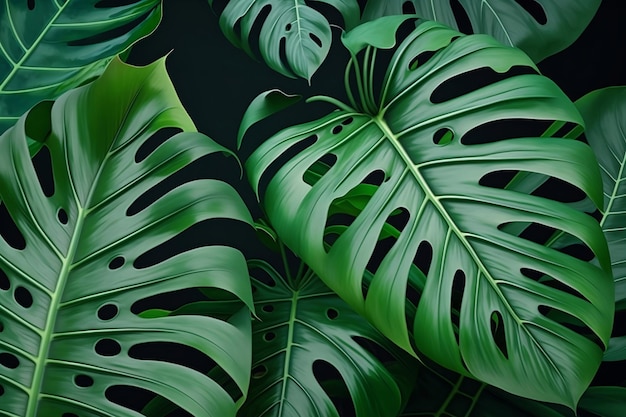 Zbliżenie realistyczny zielony Tropical Monstera pozostawia tło Generative AI