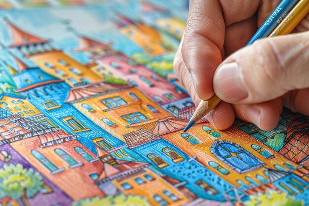 Zbliżenie ręki, która artystycznie rysuje żywym i kolorowym krajobrazem miasta ołówkami