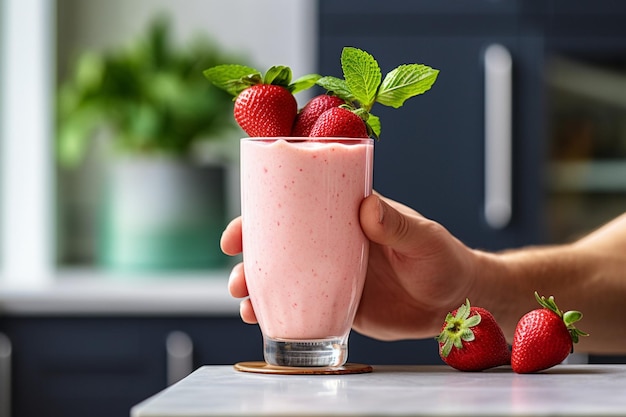 Zbliżenie ręki nalewającej jogurt do blendera z truskawkami i bananami