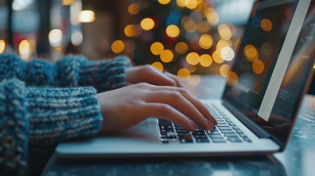 Zbliżenie ręki studenta piszącego na laptopie w kawiarni na kampusie