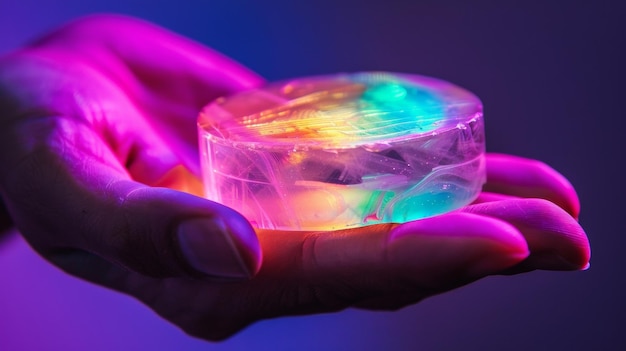 Zdjęcie zbliżenie ręki trzymającej mały dysk aerogelowy z kolorowym źródłem światła led p pod