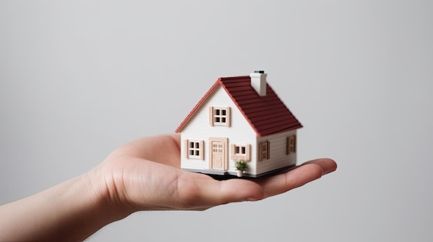 Zbliżenie ręki trzymającej mały model domu koncepcja nieruchomości