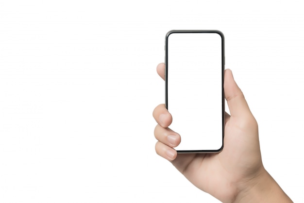 Zbliżenie ręki trzymającej pusty ekran smartfona dla tekstu i treści