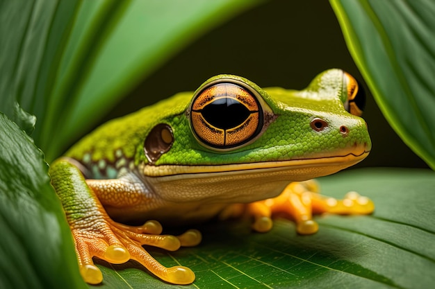 Zbliżenie Rhacophorus dulitensis na zielonych liściach