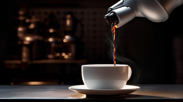 Zbliżenie robota-baristy nalewającego kawę na parze do filiżanki wygenerowanej przez sztuczną inteligencję