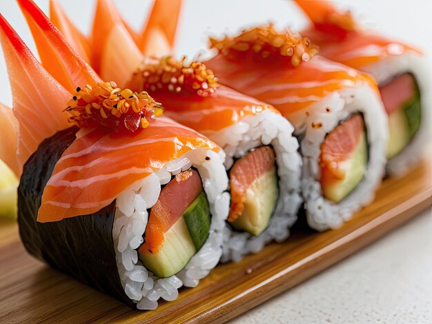 Zbliżenie rolki sushi z żywymi kawałkami ryby na górze