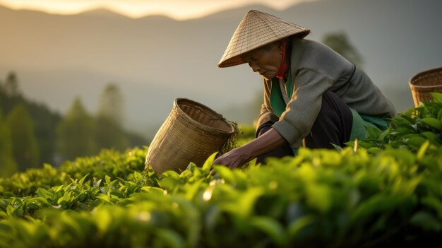 Zbliżenie rolnika zbierającego herbatę opuszcza Wietnam