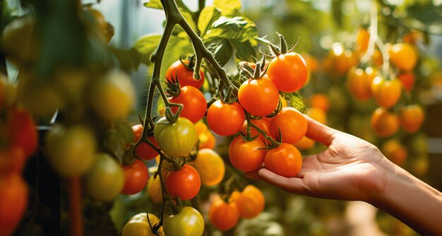 Zbliżenie rolników zbierających ręcznie świeże pomidory cherry w szklarni