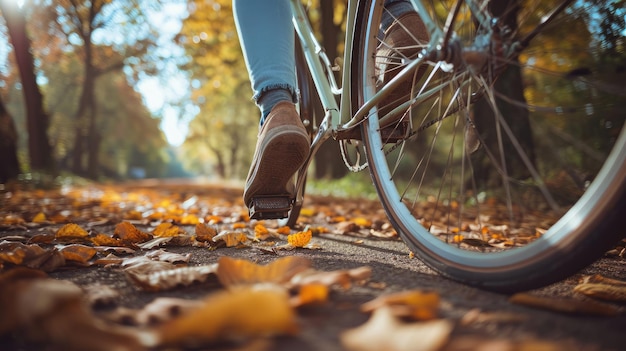 Zbliżenie roweru i stopy przypadkowego rowerzysty podróżują na rowerze w parku na świeżym powietrzu w przyrodzie na przejażdżkę lub dojazdy do pracy Ćwiczą dobre samopoczucie i styl życia Kolarstwo studenckie jako zrównoważony transport